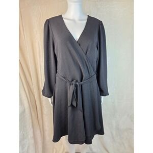 Black Textured Long Sleeve‎ Wrap Dress Size L